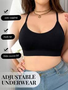 1pc Plus Size Ribbed Wire-Free Bra, Y-Shaped Criss-Cross Back Strap, Back Hook Closure, U-Neckline, Soft & Medium Stretch, Seamless Support, Suitable For Curvy Women's Daily Wear And Light Exercise - Black - View 2