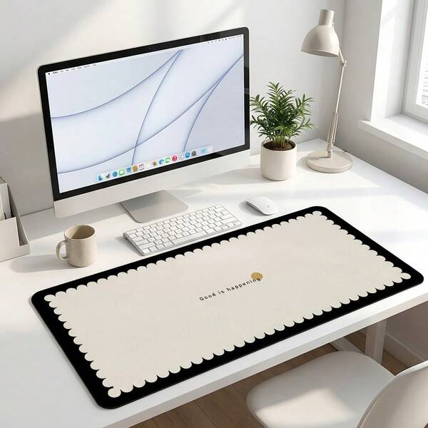 Minimalist Krem Beyaz Arka Plan Siyah Dalgalı Kenar Desenli Ekstra Uzun Oyuncu Mouse Pad ve Masa Matı Seti, Kaymaz Dayanıklı Kauçuk Taban, Pürüzsüz Yüzey, PC Dizüstü Bilgisayar Ofis ve Ev İçin Uygun, Soyut Sanat Dekoru, Okula Dönüş Gereçleri