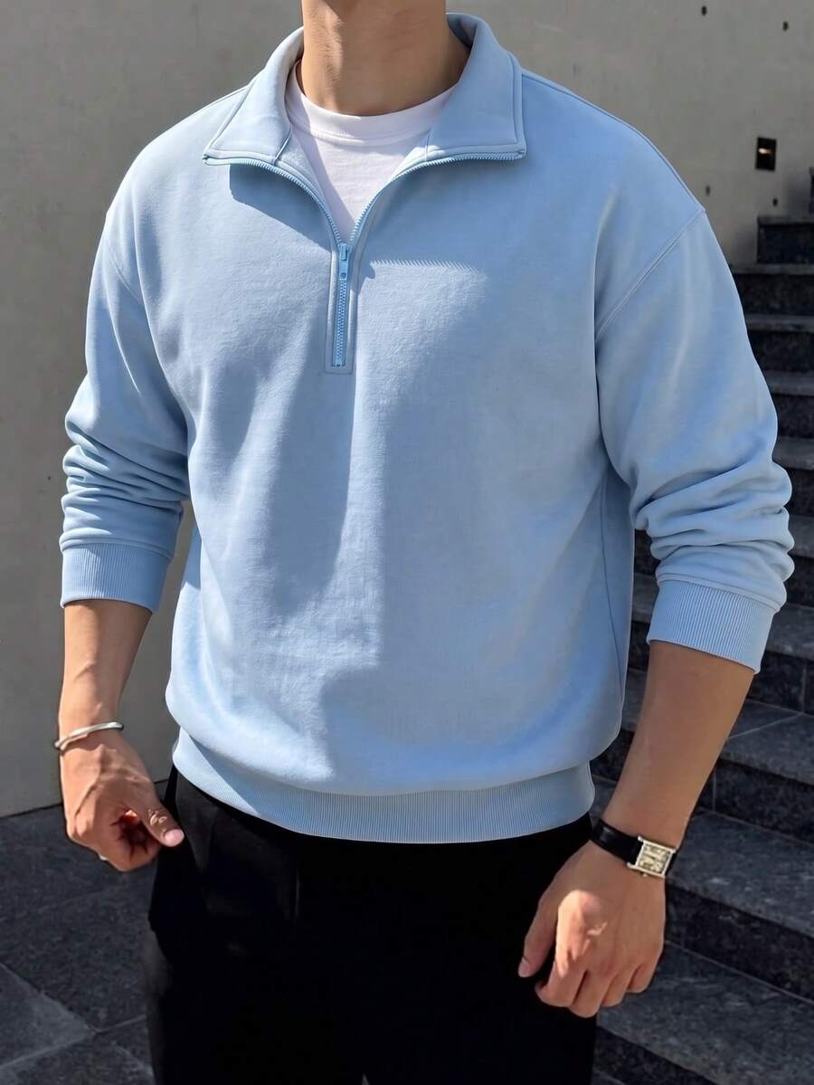 1件男士半拉鍊領薄款長袖純色運動衫