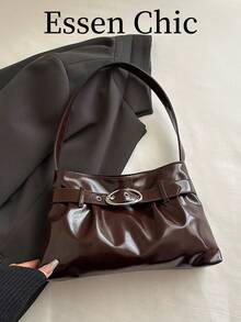 1 buah Tas Tote Wanita Kapasitas Besar Warna Solid PU dengan Tali Gesper Cokelat Kopi, Tas Bahu Wanita - Coffee Brown - View 8