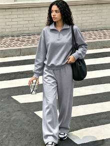 2pcs Set Suitable For Young Women And Girls Half-Zip Sweatshirt And Wide Leg Pants, Loose Stand Collar Sweatshirt And Loose Wide Leg Pants Matching Set, Suitable For Autumn/Winter Daily Wear - Multicolor - View 11