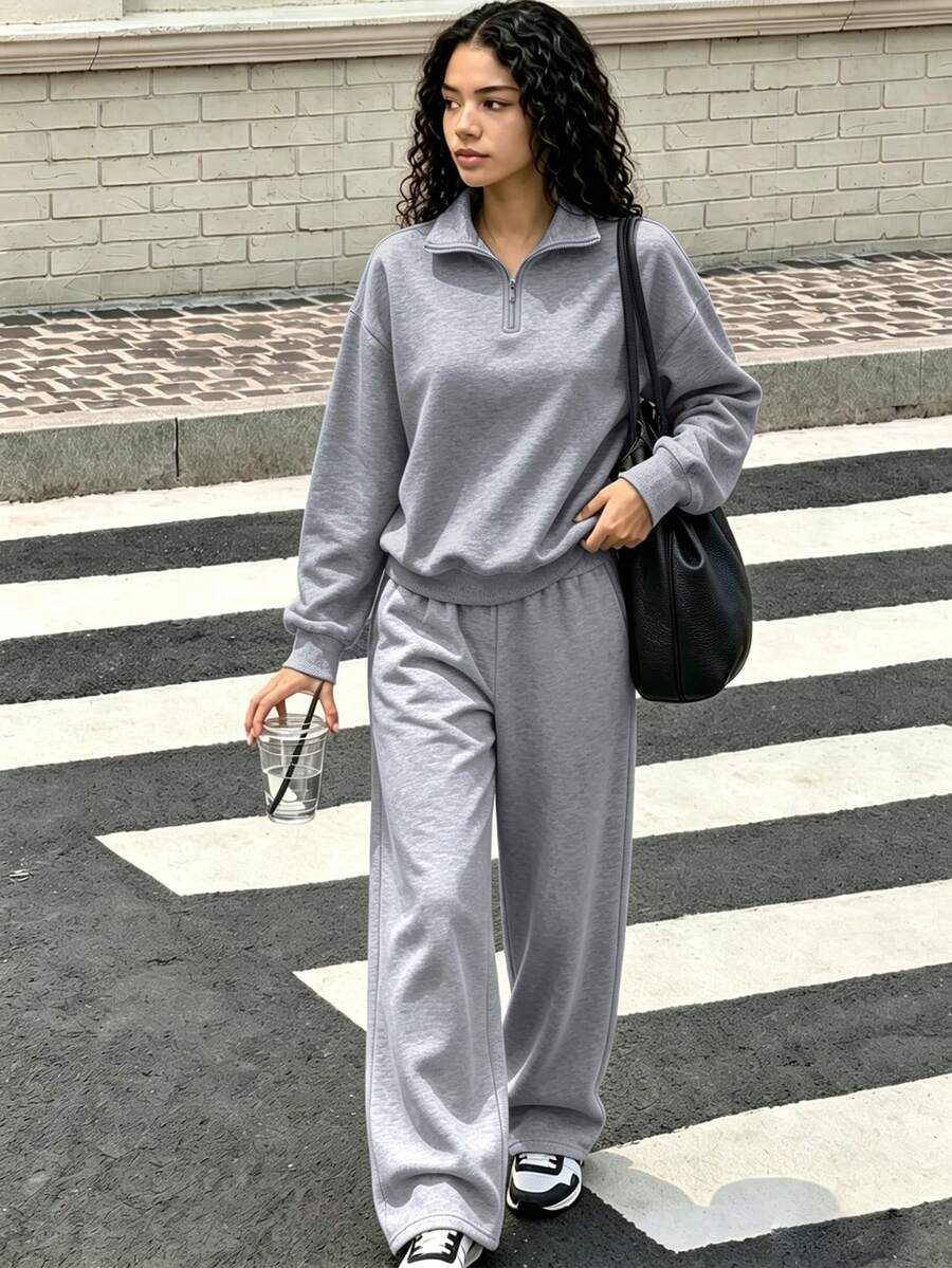 2pcs Set Suitable For Young Women And Girls Half-Zip Sweatshirt And Wide Leg Pants, Loose Stand Collar Sweatshirt And Loose Wide Leg Pants Matching Set, Suitable For Autumn/Winter Daily Wear - Multicolor - View 1