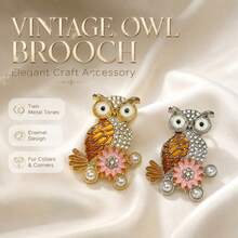 Retro Enamel Owl Lapel Pin, Rhinestone Pearl Flower Inlaid Animal Brooch, Two‑Tone Elegant Accessory For Women Daily Outfit - Multicolor - View 2