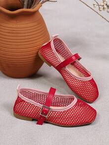 1 Pair Kids Flat Slip-On Mary Jane Shoes, Mesh Breathable Lightweight Casual Shoes, Suitable For School, Commuting And Outdoor Activities - Red - View 3