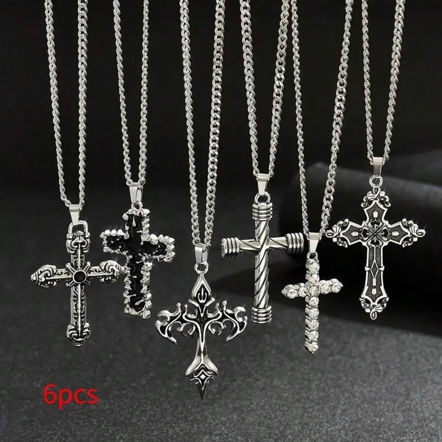 6pcs/Set Men's Vintage Coptic Cross Layered Necklace | Stainless Steel Cast Avant-Garde Jewelry, Premium Texture Choice For Party And Daily Wear