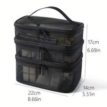Nylon Mesh 3-Layer Makeup Bag, Large Capacity Multi-Compartment Storage Bag, Multi-Function Toiletry Bag - Black - View 3