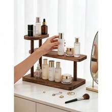 1pc Vintage Wooden Desktop Perfume & Cosmetics Storage Rack, Retro Solid Wood Makeup Organizer, Multi-Tier Display Shelf, Skincare Products Storage Rack, Suitable For All Seasons - Brown - View 6