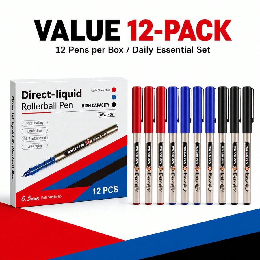 12pcs Direct Liquid Roller Ball Gel Pens, 0.5mm Fine Tip Quick Drying Smooth Writing Pens, Multicolor Black Blue Red, Suitable For Students Office Daily Writing Stationery Supplies - Sets - View 1