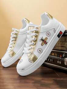 GAISIMA Fashion Men's Bee Pattern Gold Patchwork Low-Top Sneakers, Casual Flat Lace-Up Shoes Suitable For Street Daily Wear In Spring And Autumn - White - View 4