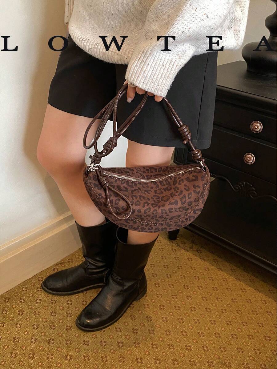 1pc Solid Color Matte Suede Fabric Women's Vintage Fashion Crescent Shoulder Bag With Leopard Print Pattern, Stitching Patchwork And Zipper Closure, Suitable For Daily And Street Use