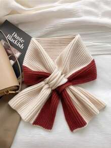 1pc Women Soft Ribbed Knit Bow Scarf, Contrast Color Patchwork Twisted Design Warm Neck Warmer, Suitable For Daily Outings And Commuting, Elegant Minimalist Style Autumn/Winter Neck Accessory - Multicolor - View 8