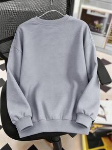 Girls And Teens Gray Crew Neck Sweatshirt With Creative Letter Combination Graphic Paired With Gray Wide Leg Pants, Fashionable And Versatile, Minimalist Yet Stylish Design Makes It An Ideal Choice For Casual Daily Wear, Especially Suitable For Autumn And Winter - Grey - View 4