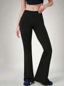 NcmRyu Women's 1pc Colorblock Fold-Over High Waist Running Gym Yoga Pants With Flared Leg - Black - View 9