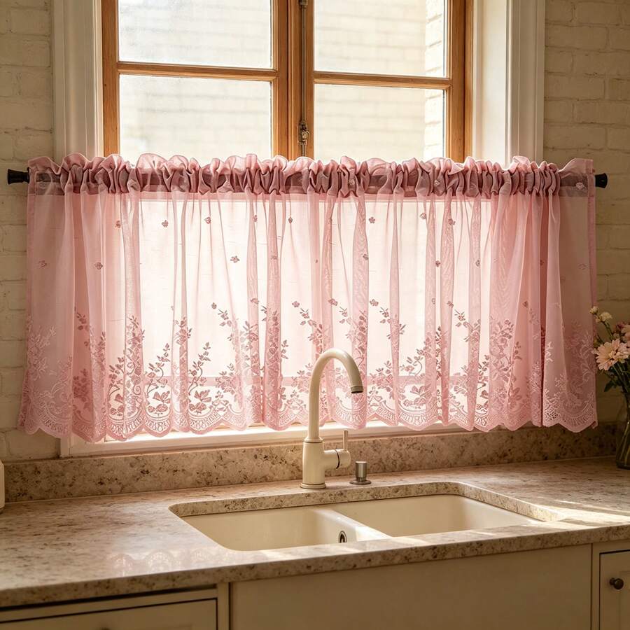1pc New Lightweight Lace Embroidered Floral Sheer Curtain, Multi-Purpose Translucent Decorative Window Curtain For Kitchen And Other Spaces, Rod Pocket Design, Finished Short Cafe Curtain, Coffee Color - Pink - View 1