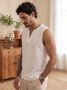 glestore Men's Vintage "Old Money" Style Linen Sleeveless T-Shirt: Soft, Comfortable, And Stylish-A Versatile Choice For Men's Sleeveless Tops - White - View 2
