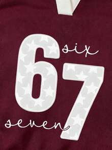 Tween Girl Cartoon Number Pattern Embroidered V-Neck Long Sleeve Sweatshirt And Pants - Burgundy - View 5
