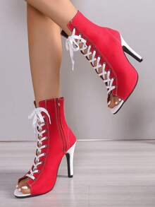 Women's Thin Heel Peep Toe Mesh Breathable Dance Sandals, Khaki Lace-Up Party Roman Ankle Boots - Red - View 4