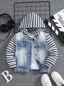 Young Boys Spring Fall Hooded Denim Jacket Denim Top Outerwear Striped Knit Sleeves Washed Button Front Long Sleeve Pockets Casual Outdoor Wear - Blue - View 5