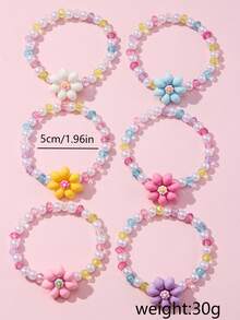 6 Pcs Flower Beaded Bracelet Set For Kids, Random Bright Colors, Cute Jewelry For Holiday Party Wear, Ideal Birthday Gift For Little Girls - Multicolor - View 5