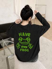 Kaos Lengan Panjang Wanita Fashion Musim Semi/Gugur Katun Murni Potongan Longgar Serbaguna dengan Gambar Kartun Katak. - Hitam - View 2