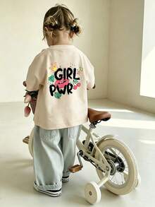 Toddler Girls Girl Power Lip Cherry Star Print Soft Basic T-Shirt - Apricot - View 1