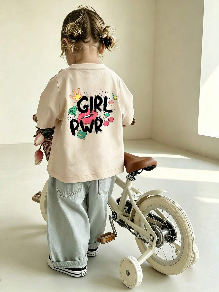 Toddler Girls Girl Power Lip Cherry Star Print Soft Basic T-Shirt - Apricot - View 1