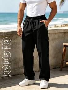 Men's Solid Color Multi-Pocket Cargo Pants, Elastic Drawstring Waist Straight Leg Minimalist Long Trousers, Suitable For Daily Commute And Sports - Black - View 2