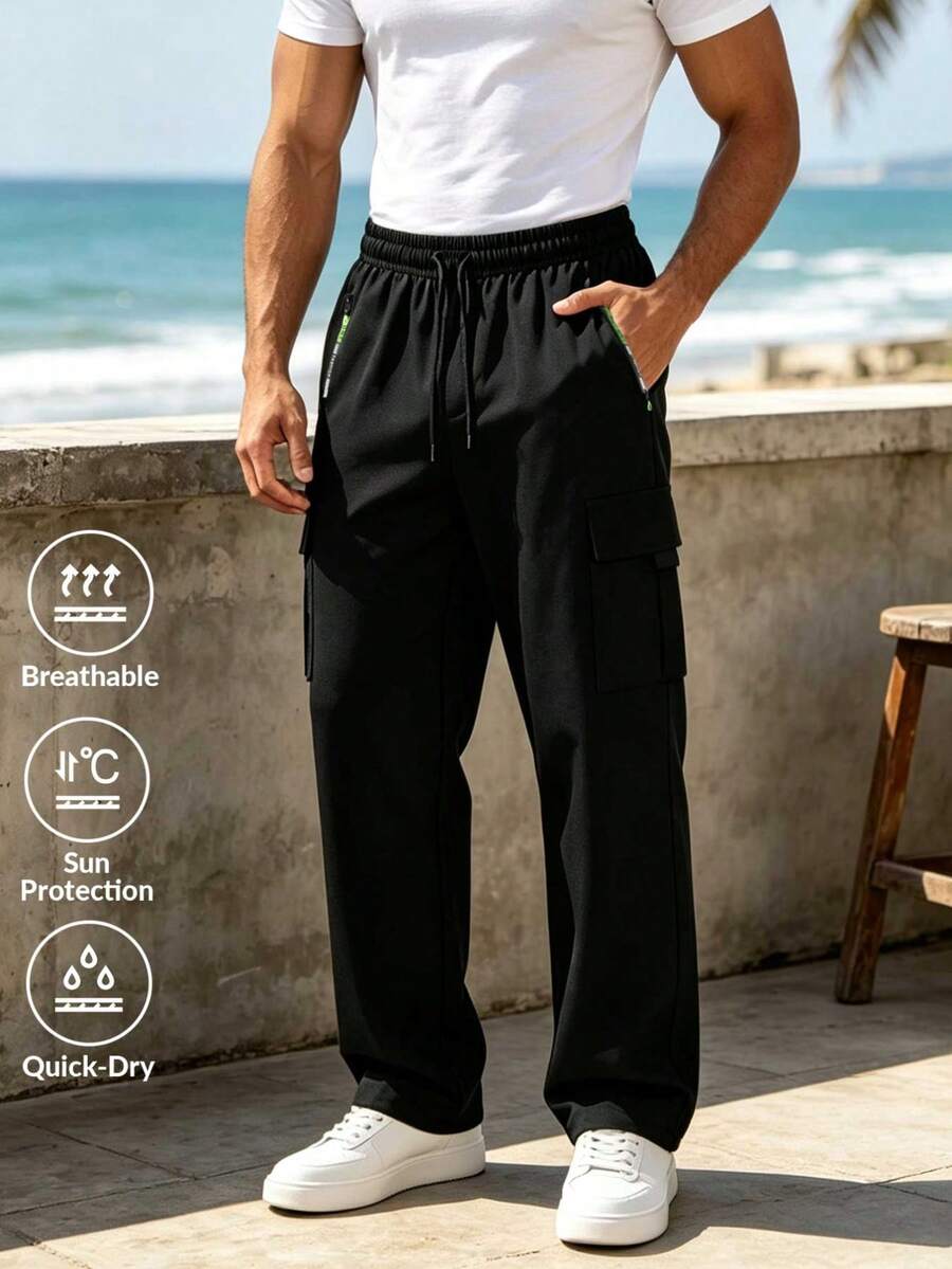 Men's Solid Color Multi-Pocket Cargo Pants, Elastic Drawstring Waist Straight Leg Minimalist Long Trousers, Suitable For Daily Commute And Sports