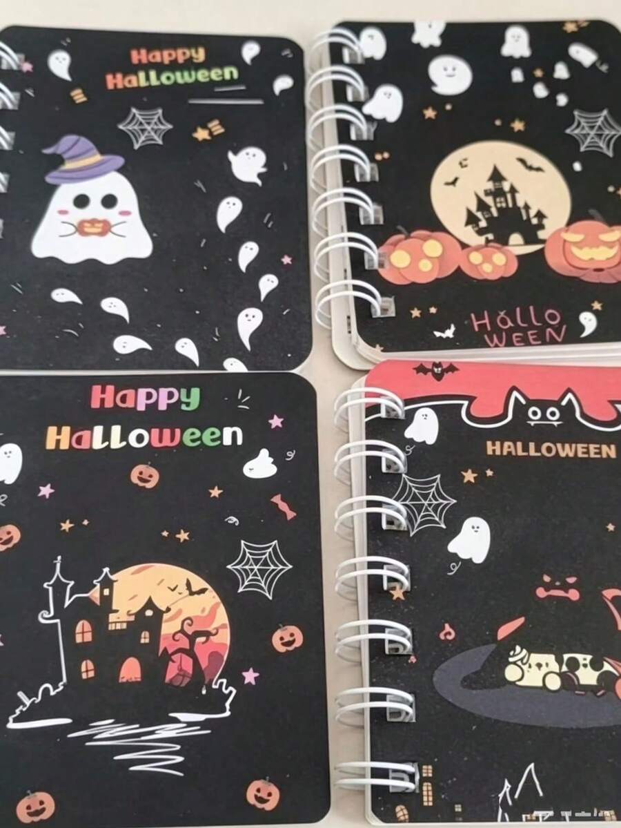 A7 Halloween Spiral Notebook, Ins Style High-Quality Memo Pad, Aesthetic Student Girl Small Thick Homework Notebook, 4pcs/Pack - 4 Sets - View 1