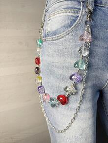 1pc Heart-Shaped Artificial Crystal Double Layer Chain Waist Chain Punk Hip Hop Unisex Pocket Chain Keychain Wallet Chain Luxury Accessory Holiday Gift - Multicolor - View 3
