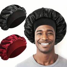 1/2pcs Men's Satin Sleep Cap, Extra Wide Elastic Anti-Frizz Hair Cap, Simple Comfortable All-Season Hair Care Accessory For Daily Sleep - Multicolor - View 2