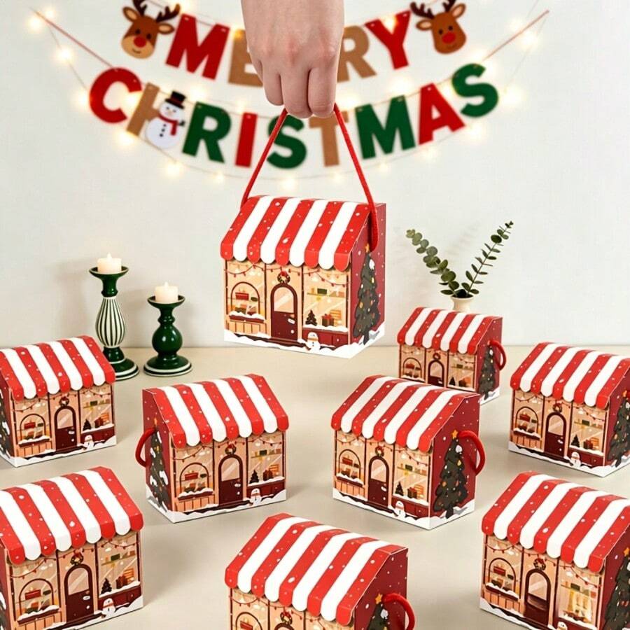 Christmas Handheld Gift Packaging Box Christmas Tree Pattern Handheld Gift Box Christmas House-Shaped Gift Packaging Box Christmas Party Favor Portable Gift Packaging Handle Christmas Gift Bag Christmas Party Gift Box