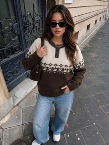 2026 Women's Autumn/Winter New Vintage Fair Isle Jacquard Half-Button Henley Neck Pullover Sweater, Colorblock Patchwork Raglan Sleeves, Loose Lazy Preppy Style Casual Commute Top - Apricot Coffee - View 8