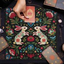 1pc Folk Art Dual Rabbit Tarot Cloth, Bohemian Floral Altar Mat, Vintage Divination Tablecloth, Mystic Spiritual Home Decor Tapestry - Black - View 3