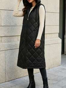 1pc Women's Casual Long Hooded Vest Top Jacket - Black - View 2