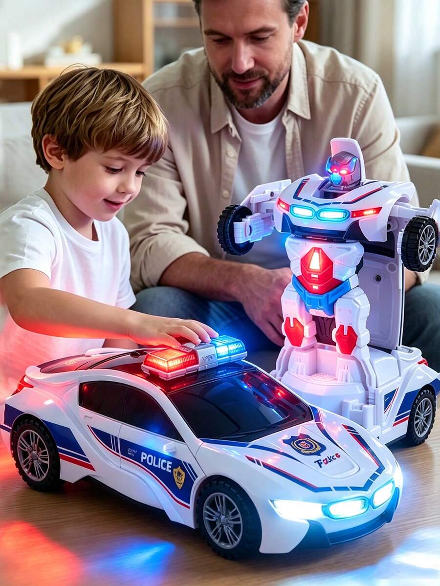Boys Electric Transforming Police Car Toy With Lights, Music And Automatic Transformation Function, Educational Toy Holiday Gift