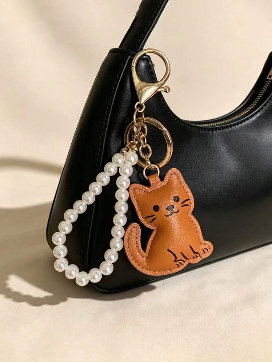 1 buah Gantungan Kunci Kulit PU Motif Kucing Tersenyum Kartun untuk Wanita dengan Rantai Mutiara Imitasi, Gantungan Kunci Tas, Ransel, Mobil, Jahitan Tangan, Hadiah Kecil Kreatif untuk Pecinta Kucing - MultiWarna - View 1