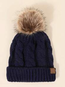 1pc Unisex Furball Y2K Style Warm & Breathable Fashionable All-Match Knitted Hat, Suitable For Outdoor Skiing & Casual Daily Wear - Navy Blue - View 2