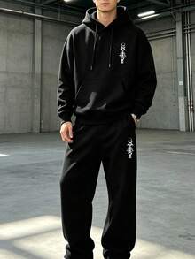 2pcs Men's Hoodie And Ankle Pants Set, Casual Pullover, Mysterious Pattern Print Sweatpants Set, Suitable For Hiking, Outdoor Trekking And Travel - Black - View 2