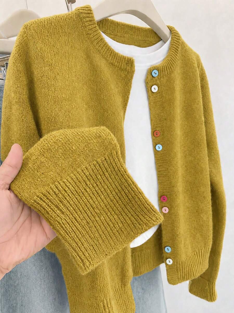 Colorful Button Cardigan, Vintage Round Neck Lime Green Versatile Cardigan, Women's Spring/Autumn Knit Sweater, Unique Design Niche Versatile Fall