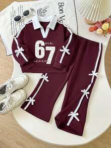 Tween Girl Cartoon Number Pattern Embroidered V-Neck Long Sleeve Sweatshirt And Pants - Burgundy - View 2