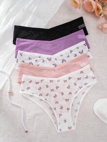 5pcs Butterfly Print Mesh Women's Triangle Panties, Lightweight Breathable Low Waist Multi-Color Assorted Underwear - Multicolor - View 3