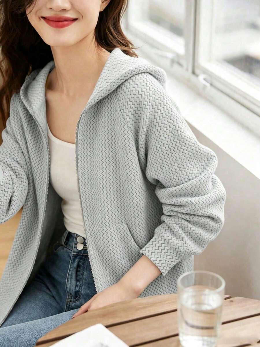 1 buah Jaket Hoodie Resleting Kasual Sederhana Gaya Vintage untuk Remaja Perempuan, Cocok untuk Musim Semi, Musim Gugur, Musim Dingin, dan Kembali ke Sekolah - Light Grey - View 1