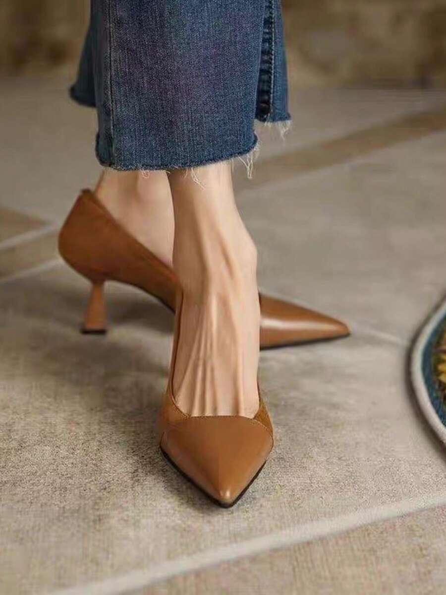 Women's Elegant Pointed Toe Shallow High Heel Pumps, Leather & Suede Patchwork Design, Slip-On Dress Shoes, Suitable For Office, Business Occasions, Daily Wear - Brown - View 1