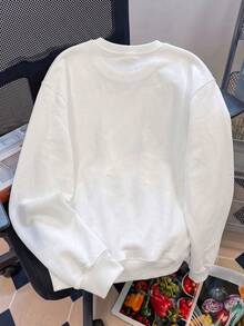 Halloween Skeleton Rock Gesture Print Crew Neck Sweatshirt, White Loose Fit, Autumn Daily Back To School Street Style Versatile Top - White - View 5