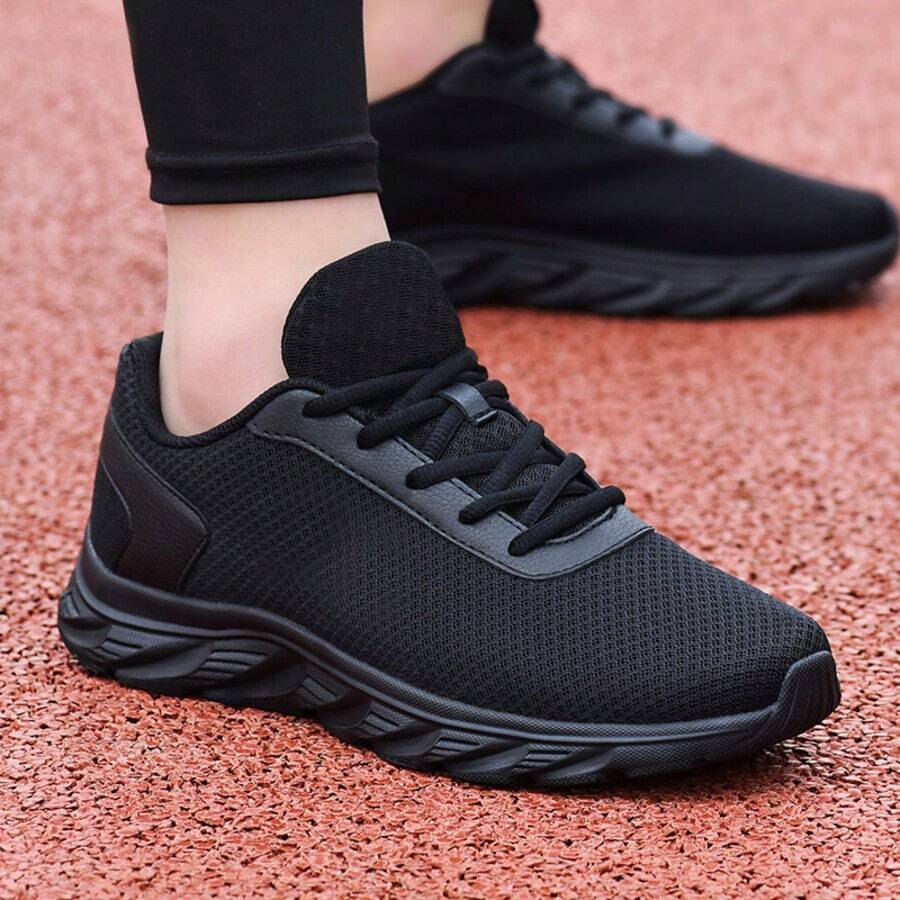Men's Mesh Casual Sneakers, Lightweight Breathable Lace‑Up Walking Athletic Shoes - Black - View 1