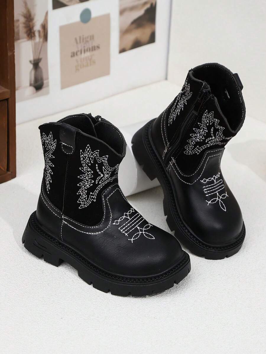 1雙嬰幼兒兒童刺繡西式舒適輕量平底靴,適合秋冬日常戶外穿著 - 黑色 - 查看 1