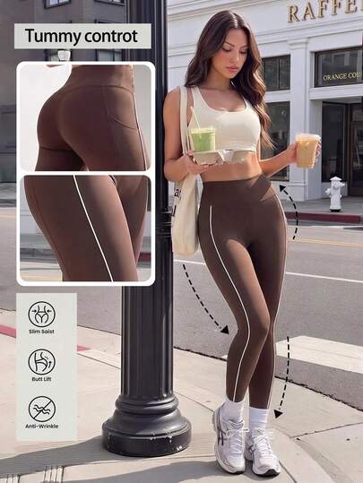 Women's Elegant High-Waist Yoga Pants With Practical Pockets; Tummy Control Waistband Design, Easily Wear A Sleek Fit Suitable For Commuting. Carefully Crafted For Modern Women Pursuing A Quality Lifestyle. High-Waist Cut Paired With Invisible Tummy Control Waistband, Cleverly Shaping The Waist And Abdomen Lines, Providing Comfortable Envelopment While Easily Creating A Flat Belly. Practical Pockets On Both Sides Of The Pants For Convenient Storage Of Daily Essentials, Balancing Aesthetics And Convenience.