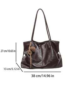 low tea 1pc Pleated PU Fabric Shoulder Tote Bag Suitable For Commuting, Shopping, Etc. (With Pendant) - Coffee - View 3
