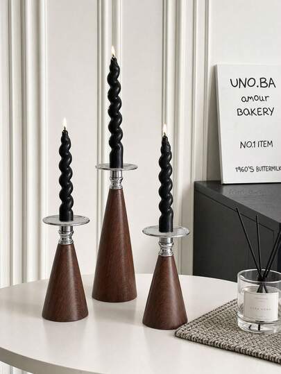 Conical Metal Iron Art Candle Holder With Walnut Wood Grain, Wood Grain + Shiny Silver Metal Contrast Design, Minimalist And High-End, Suitable For European And American Mainstream Home Decor Aesthetics, Compatible With Wabi-Sabi, Vintage, Japanese Natural Wood, Modern Minimalist, Middle Eastern Retro Home Decor; Deep Brown Wood Grain Is Warm And Low-Key, Can Blend Into Black, White, Light Wood, Cream-Colored Spaces, Suitable For Home Decor, Room Decor, Bedroom